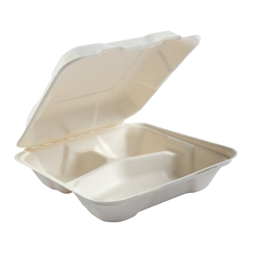 Hinged Lid 3 Compartment Bagasse 7.875" x 8" x 2.5"