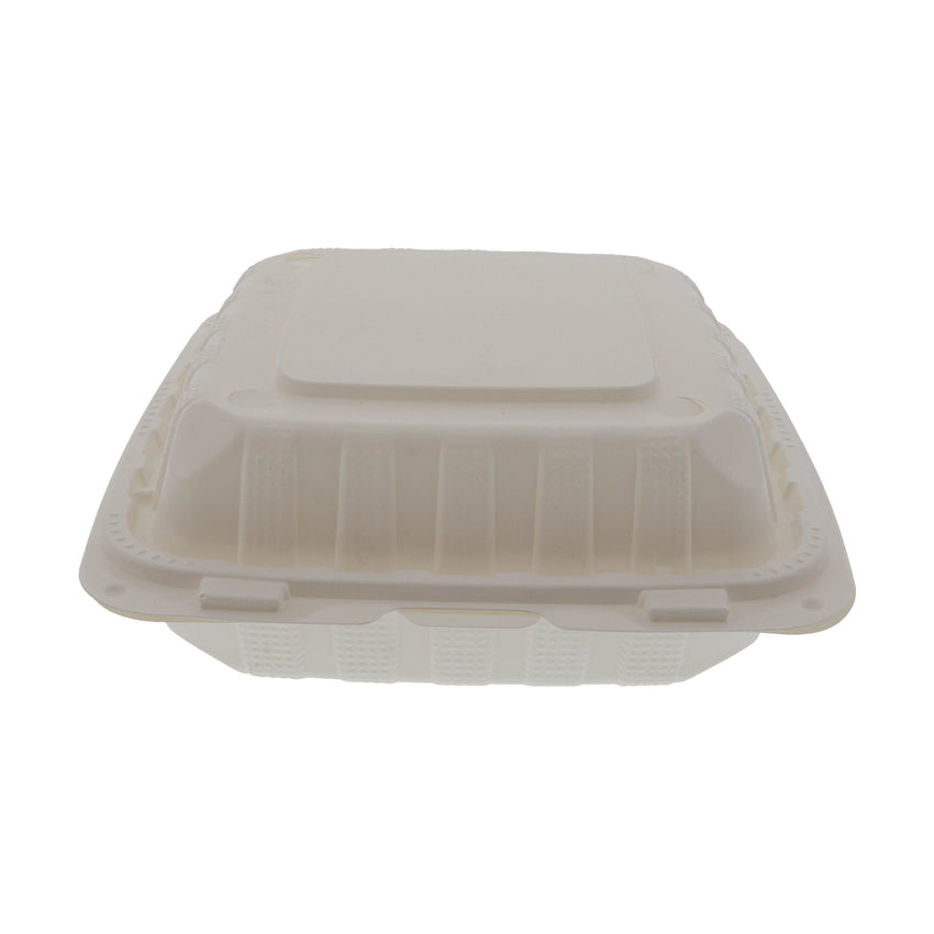 Hinged Lid Mineral Filled Containers - 8" x 8" x 3", 3 Compartment, Lightweight, White, Closed