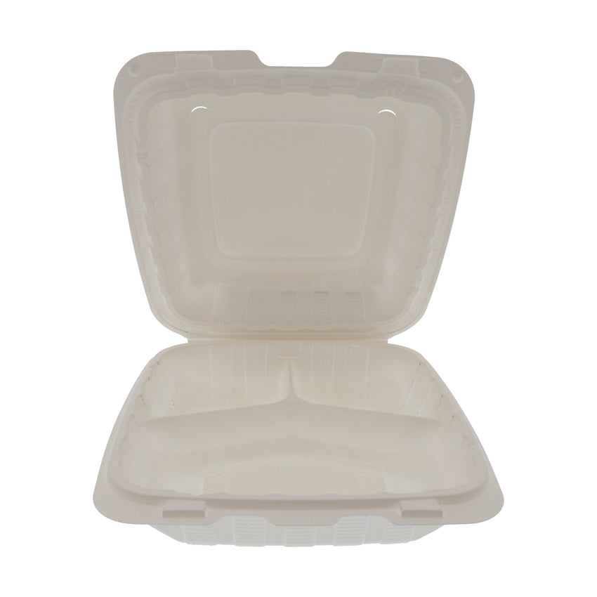 Hinged Lid Mineral Filled Containers - 8" x 8" x 3", 3 Compartment, Lightweight, White