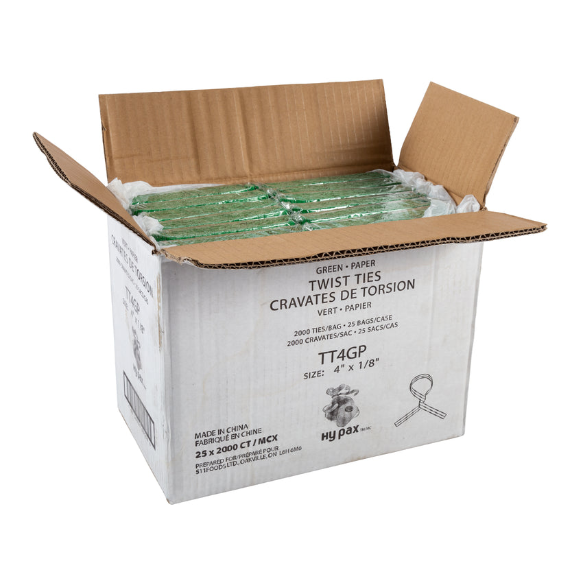 Twist Tie 4x1/8" Green Paper, Case 2000x25
