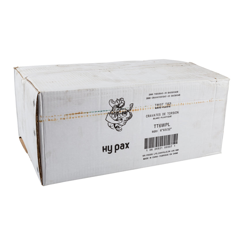 Twist Tie 6x1/8" White Plastic, Case 2000x25