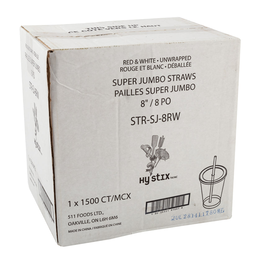 Straw Super Jumbo 8" Red & White, Case 1500