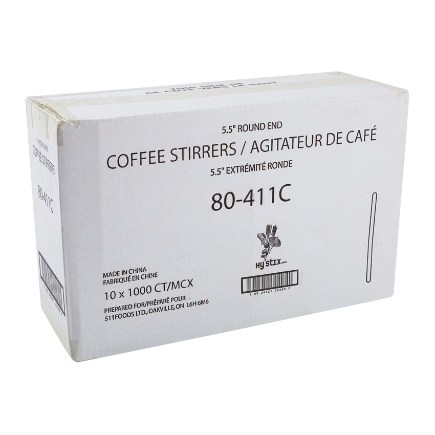Wooden Stirrer Coffee Round End 5.5", Case 1000x10