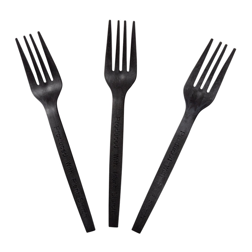 7" Black Plant Starch Material Forks, Three Forks Fanned Out