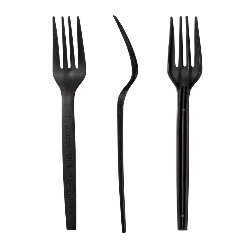7" Black Plant Starch Material Forks, Front, Side and Back View