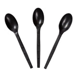 7" Black Plant Starch Material Spoons, Three Spoons Fanned Out