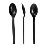 7" Black Plant Starch Material Spoons, Front, Side and Back View