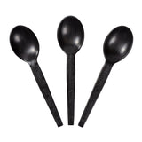 7" Black Plant Starch Material Soup Spoons, Three Spoons Fanned Out