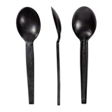 7" Black Plant Starch Material Soup Spoons, Front, Side and Back View