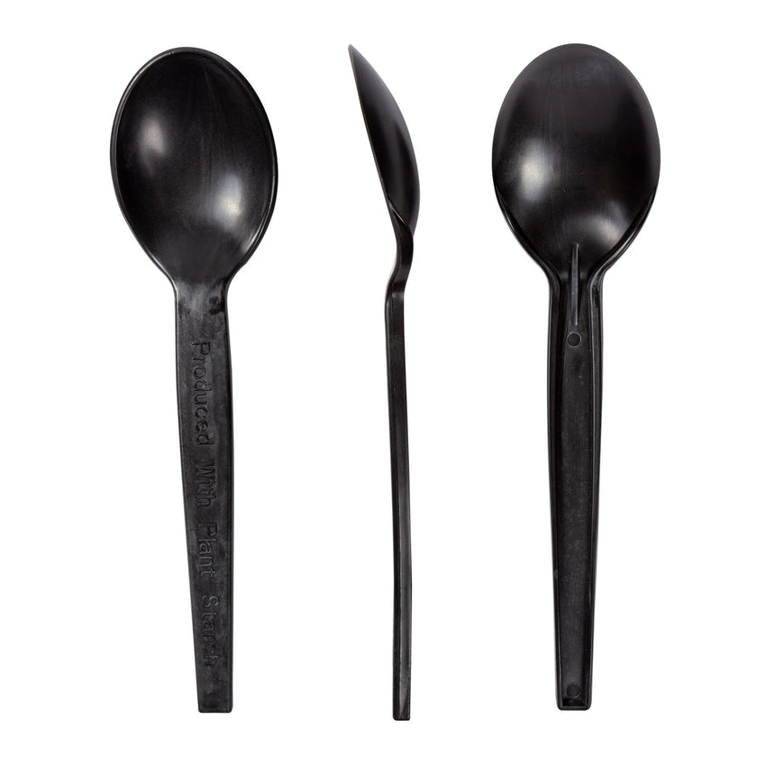 7" Black Plant Starch Material Soup Spoons, Front, Side and Back View