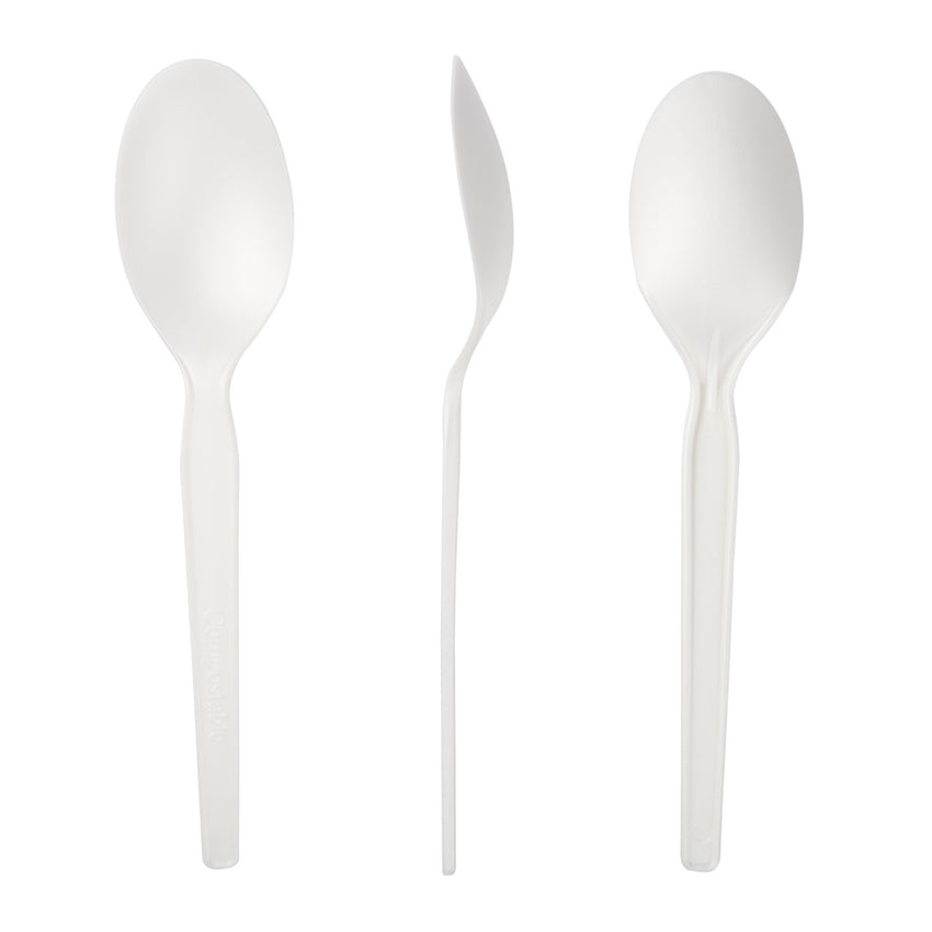 6.5" Compostable CPLA Spoon, Front, Side and Back View