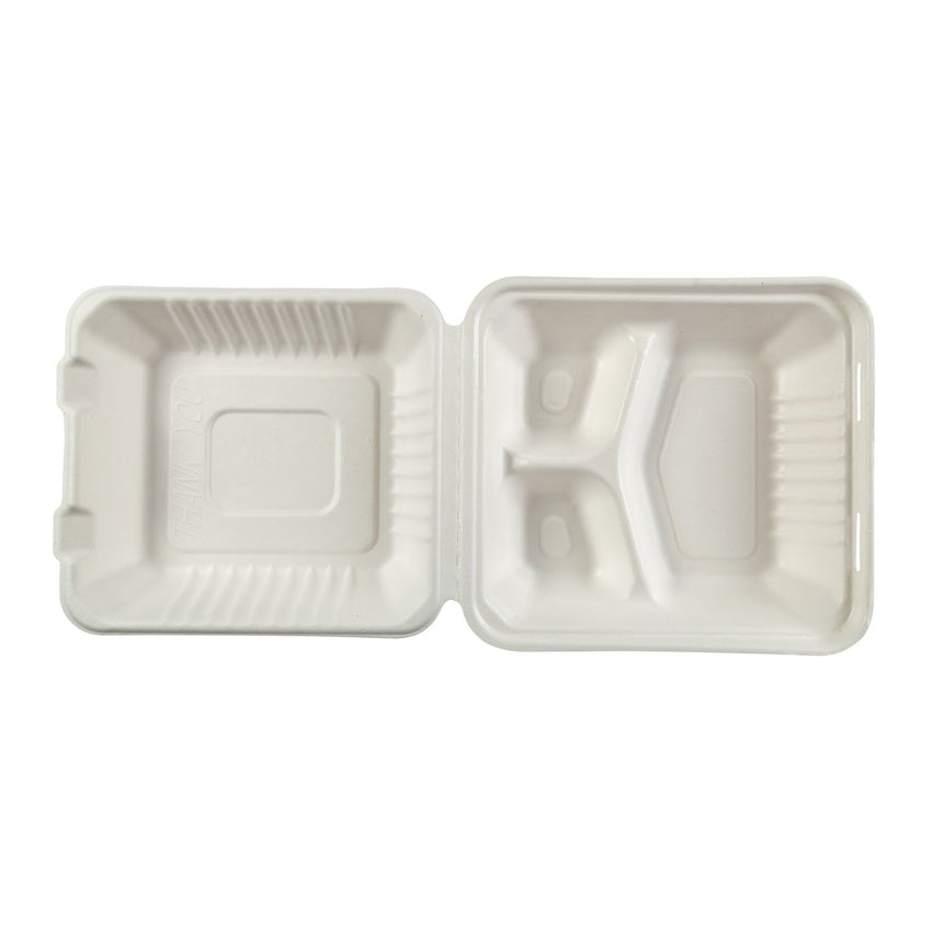 Deep Medium 3 section PLA Lined Hinged Lid Containers 7.875" x 8" x 3.19", Opened Overhead View