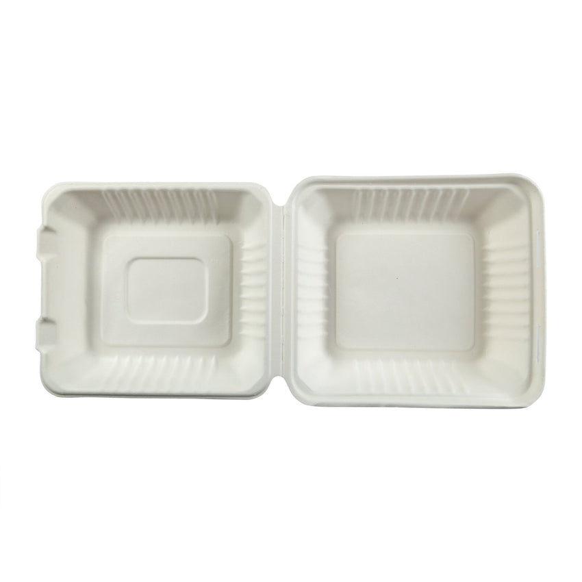 Deep Medium Hinged Lid Containers 7.875" x 8" x 3.19", Opened Overhead View