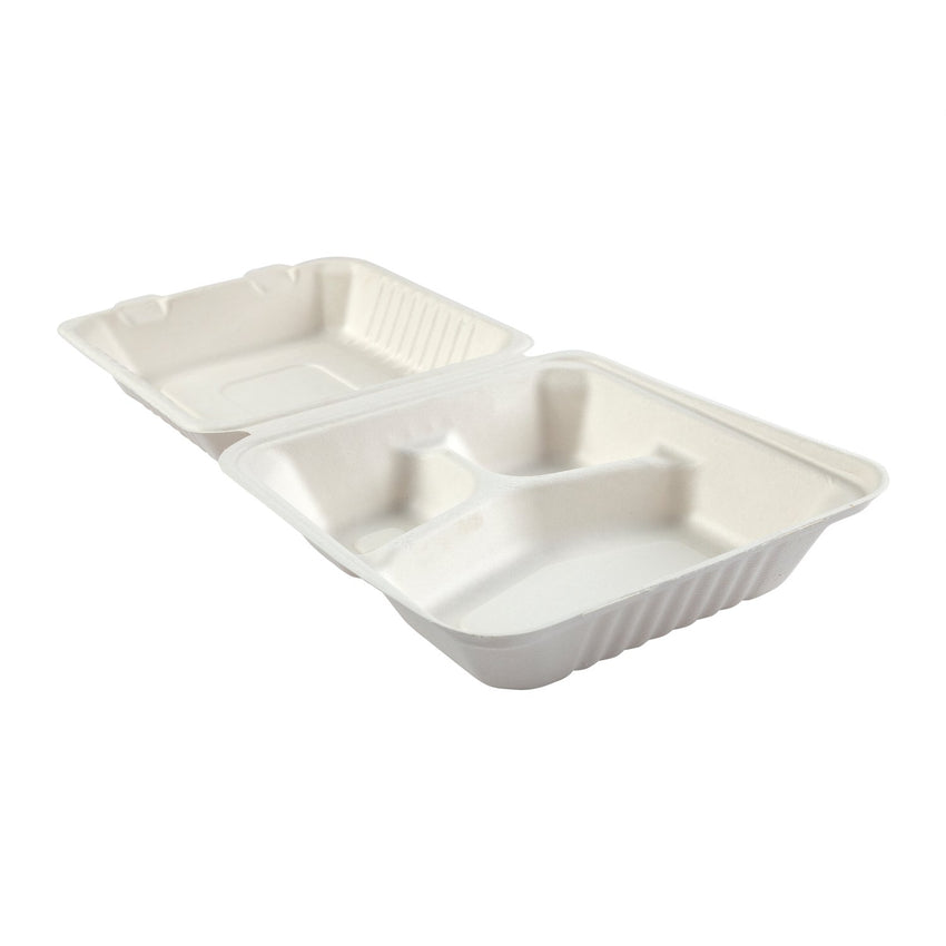 Deep Medium 3-section Hinged Lid Containers 7.875" x 8" x 3.19", Opened Side View
