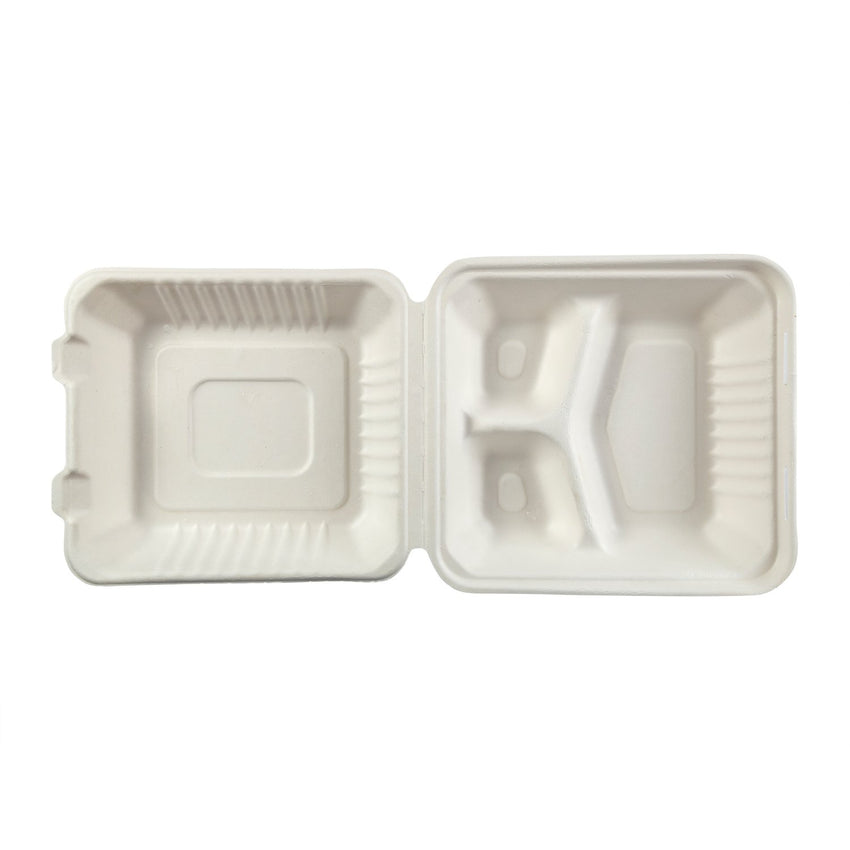 Deep Medium 3-section Hinged Lid Containers 7.875" x 8" x 3.19", Opened Overhead View