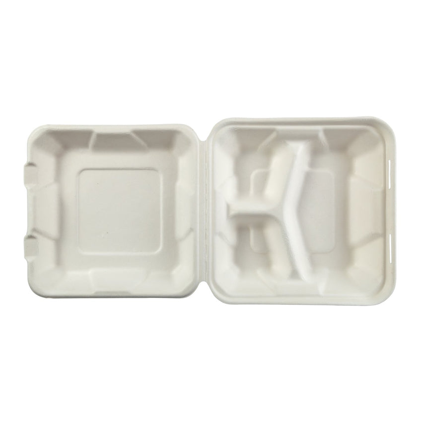 Medium 3-section Hinged Lid Containers 7.875" x 8" x 2.5", Opened Container, Overhead View
