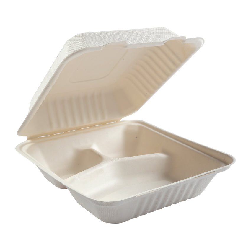 ChampWare Molded-Fiber Clamshells, 3-Comp, 9W x 9D x 3H, White, 200-carton