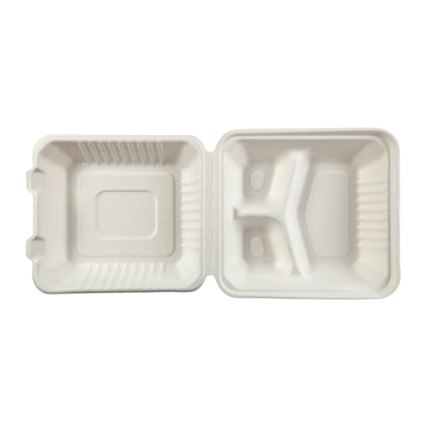 ChampWare Molded-Fiber Clamshells, 3-Comp, 9W x 9D x 3H, White, 200-carton