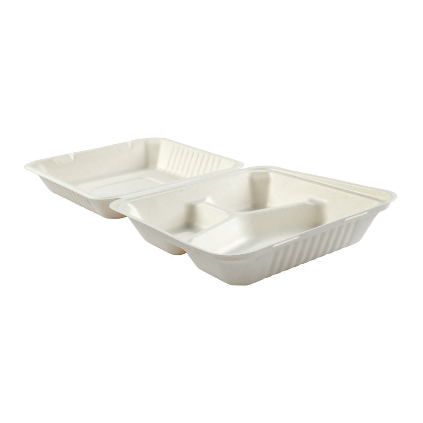 Large 3-section PLA Lined Hinged Lid Containers 9 x 9 x 3.19", Opened Container, Side View