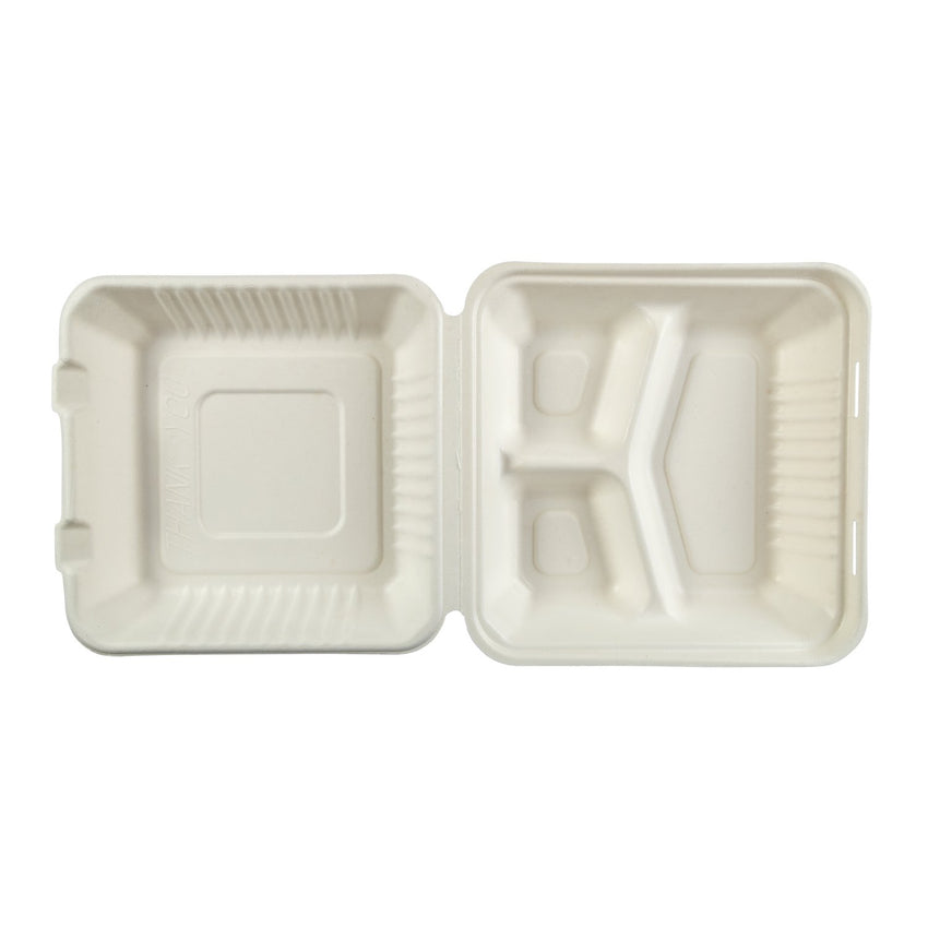 Large 3-section PLA Lined Hinged Lid Containers 9 x 9 x 3.19", Opened Container, Overhead View