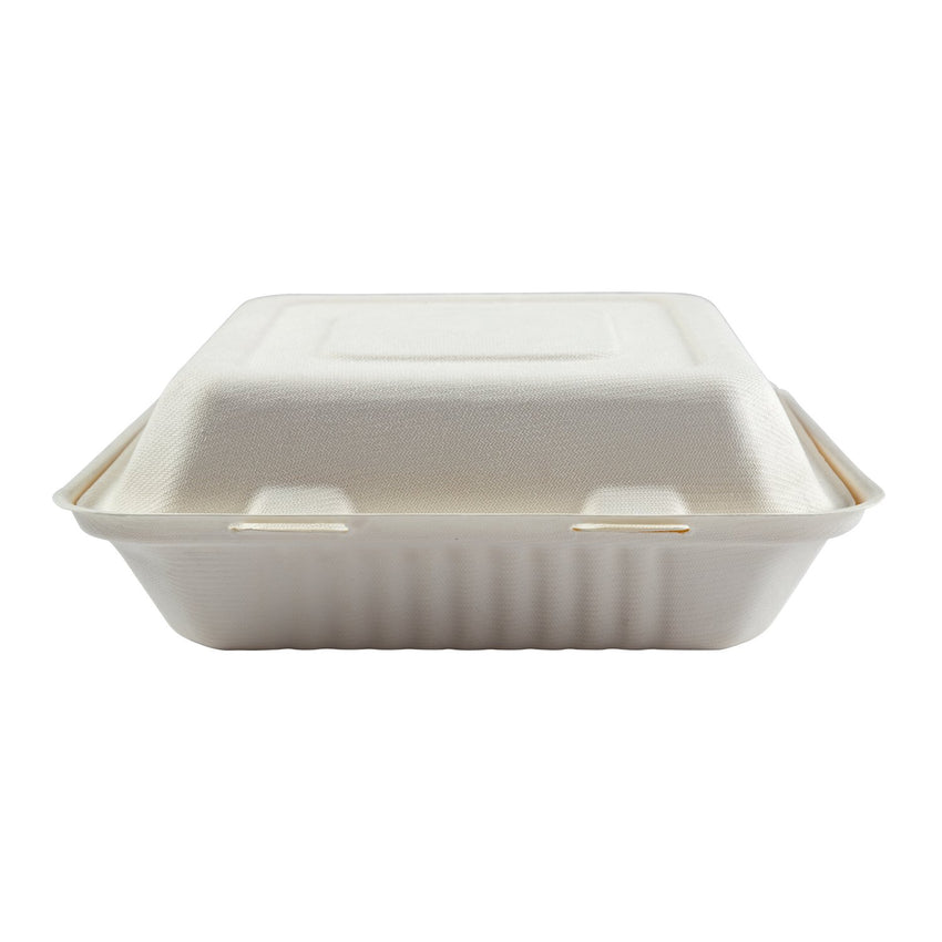 Large 3-section PLA Lined Hinged Lid Containers 9 x 9 x 3.19", Closed Container, Front View