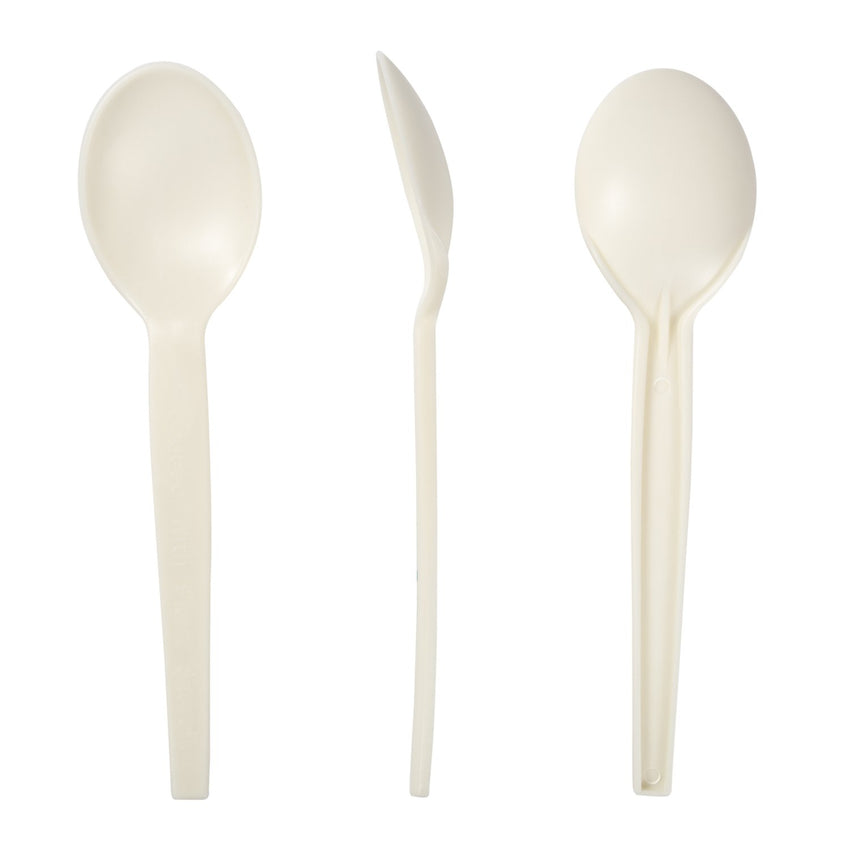 7" Soup Spoon Plant Starch Material, Front, Side and Back View