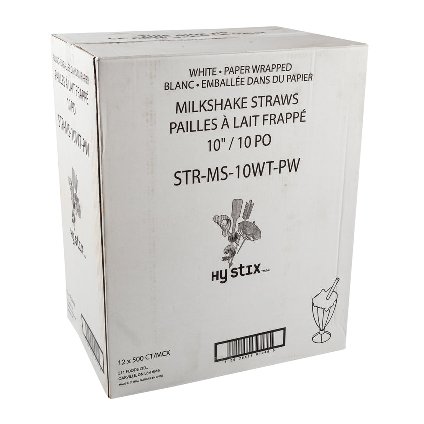 Straw Milkshake 10" White Paper Wrapped, Case 500x12