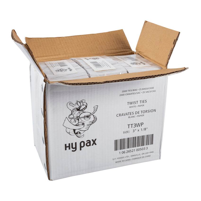 Twist Tie 3x1/8" White Paper, Case 2000x25