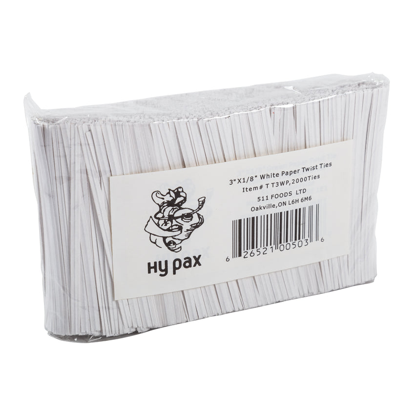 Twist Tie 3x1/8" White Paper, Case 2000x25