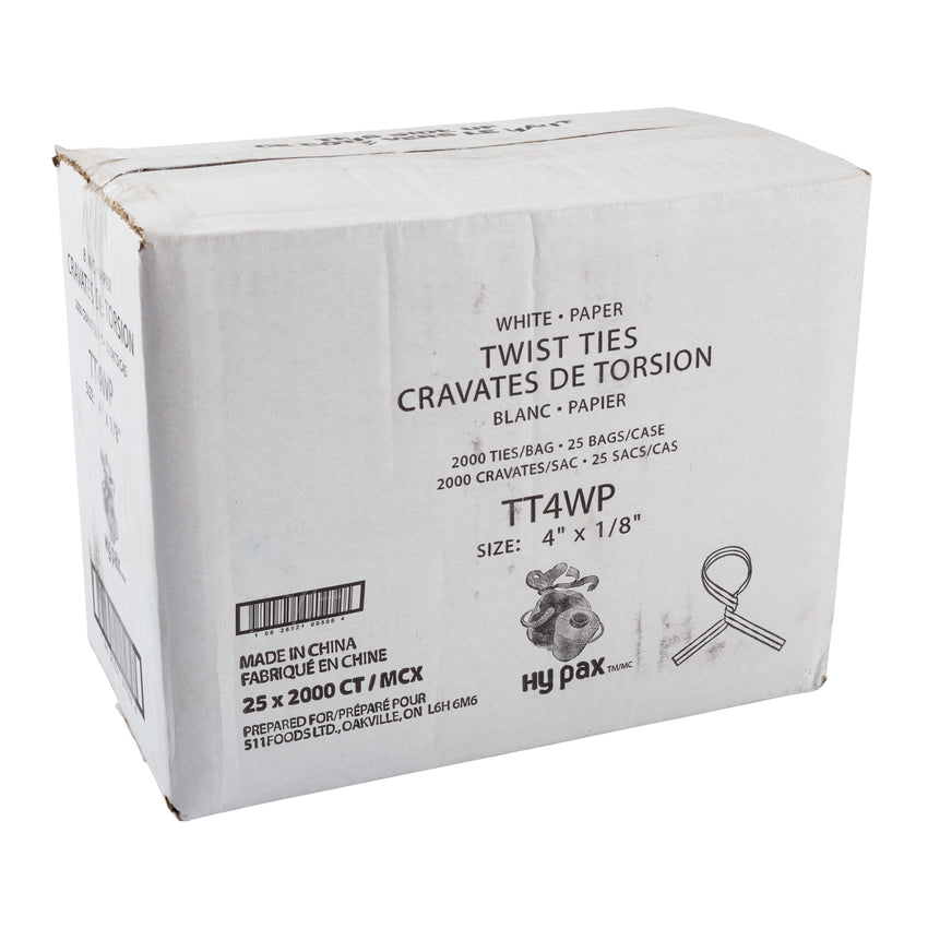 Twist Tie 4x1/8" White Paper, Case 2000x25