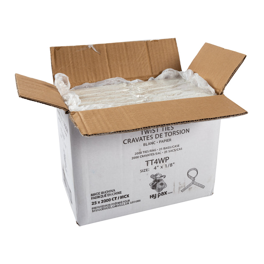 Twist Tie 4x1/8" White Paper, Case 2000x25