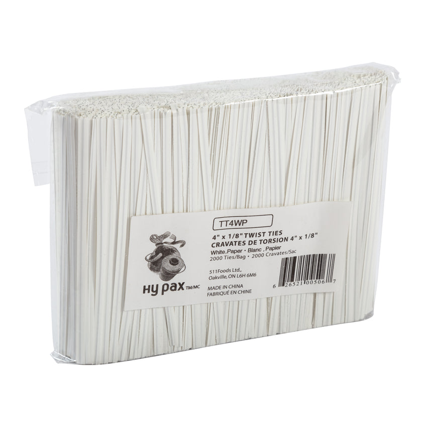 Twist Tie 4x1/8" White Paper, Case 2000x25